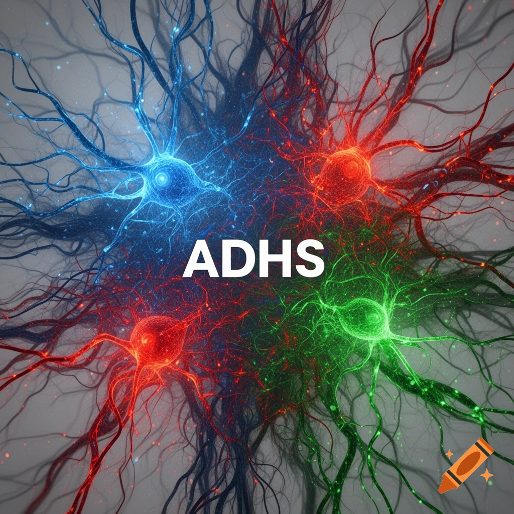 Abstract image of interconnected glowing blue, red, and green neural networks with the text ADHS in the center.