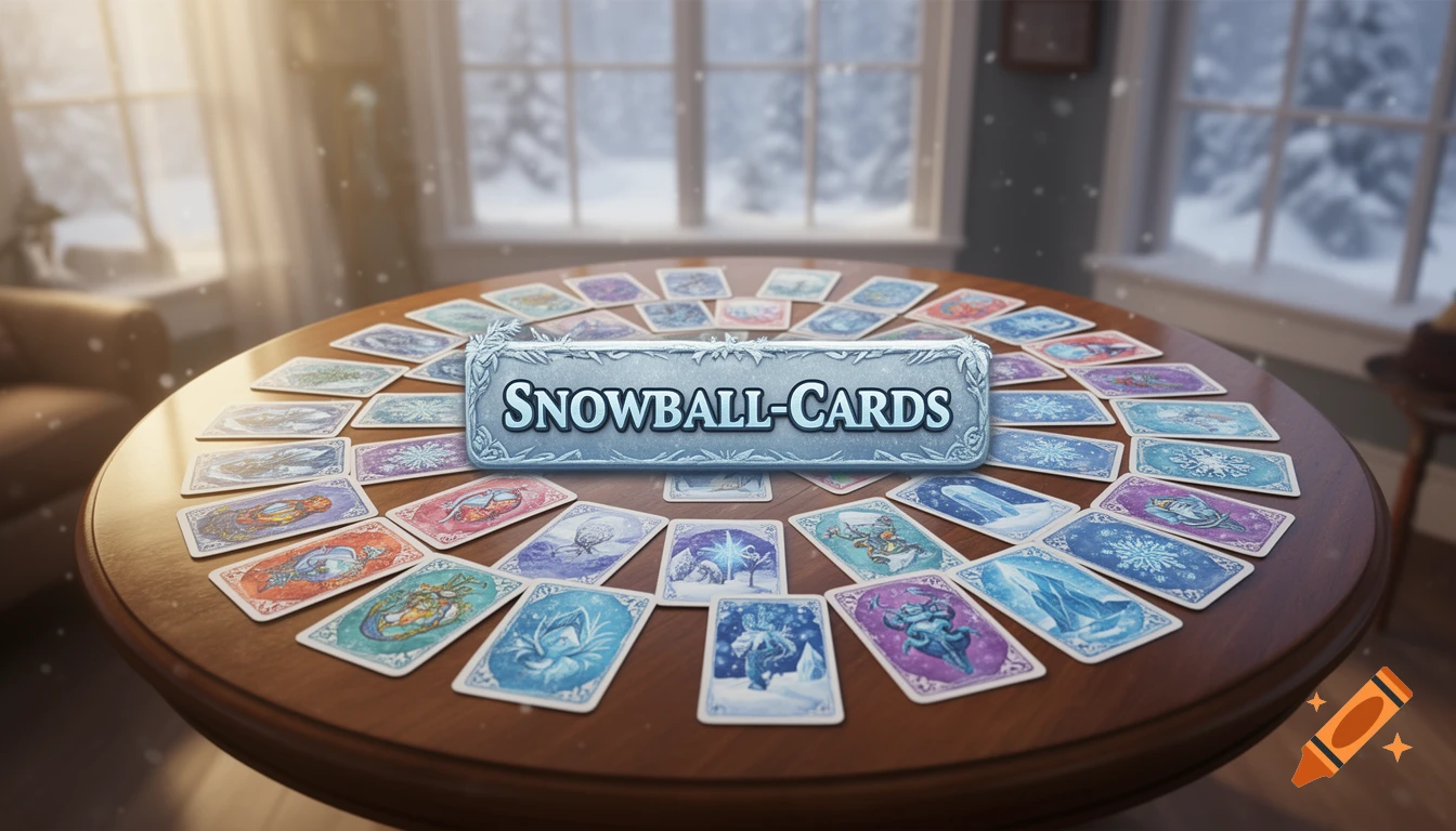 A wooden table with 'SNOWBALL-CARDS' title plaque and illustrated cards, set against a snowy window background.
