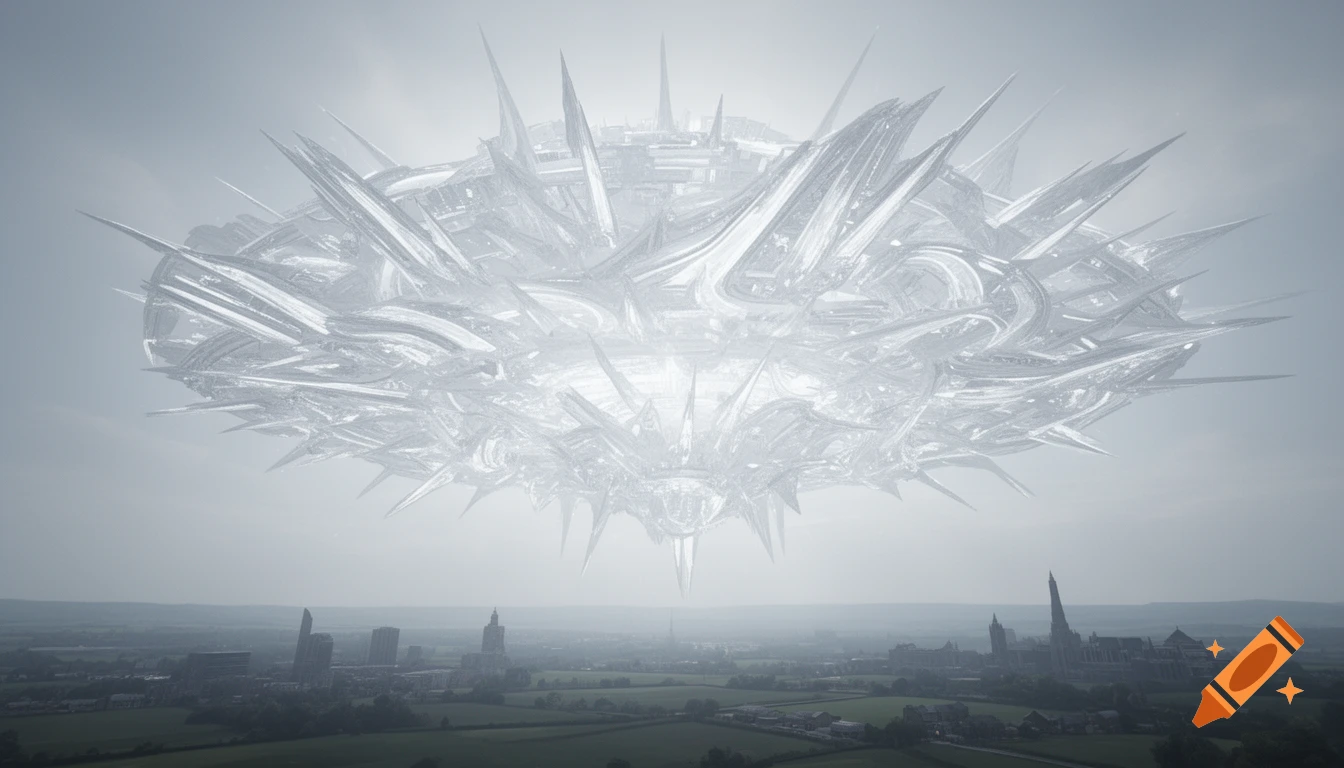 A massive, spiky, glowing white UFO hovers over a hazy city skyline and green landscape.