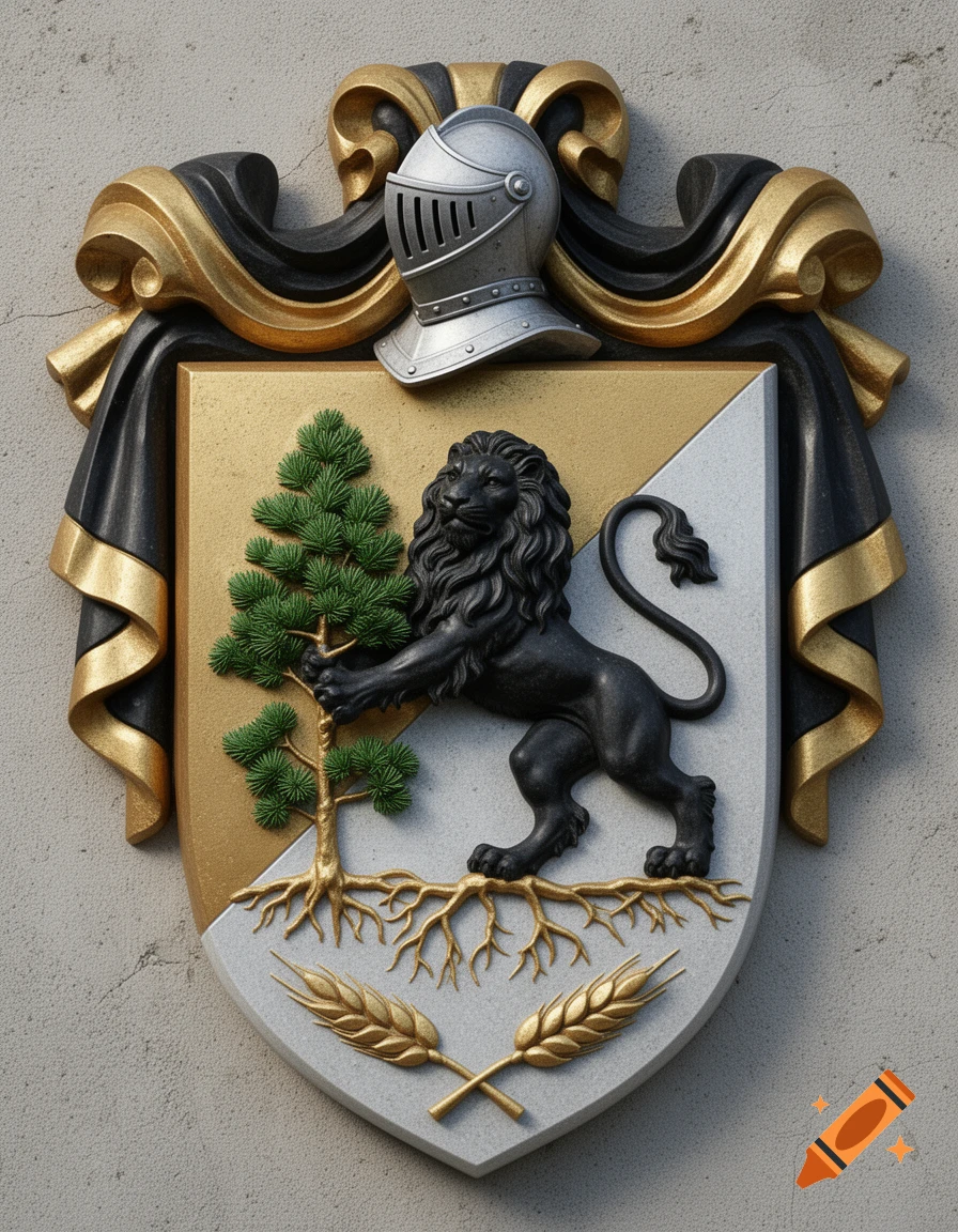 A photorealistic stone-carved coat of arms featuring a black lion, a pine tree with golden roots, and wheat ears on a gold and silver shield, topped with a knight's helmet.