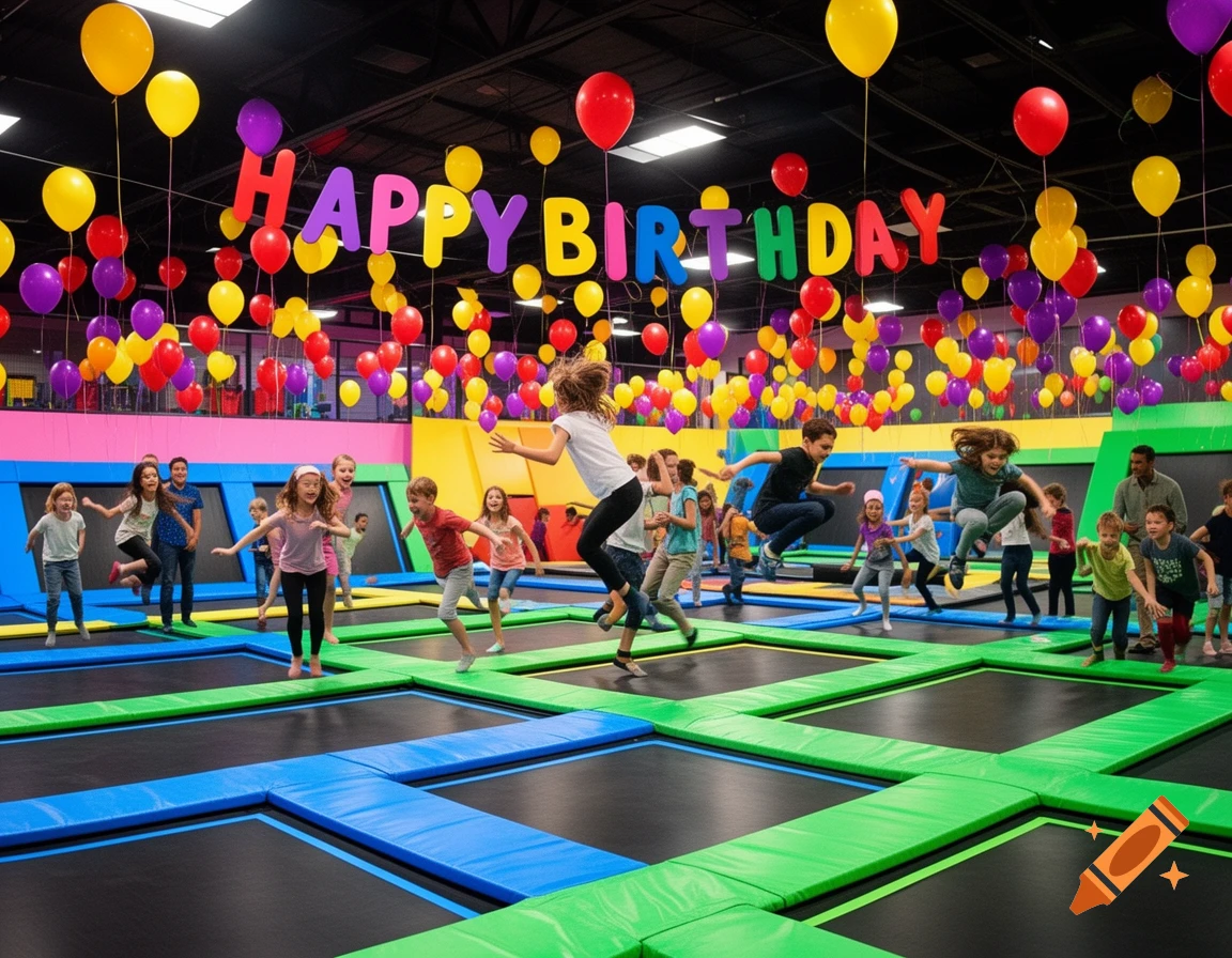 Children and adults celebrate a birthday party, jumping on trampolines in a colorful indoor park with 'HAPPY BIRTHDAY' banner and balloons.