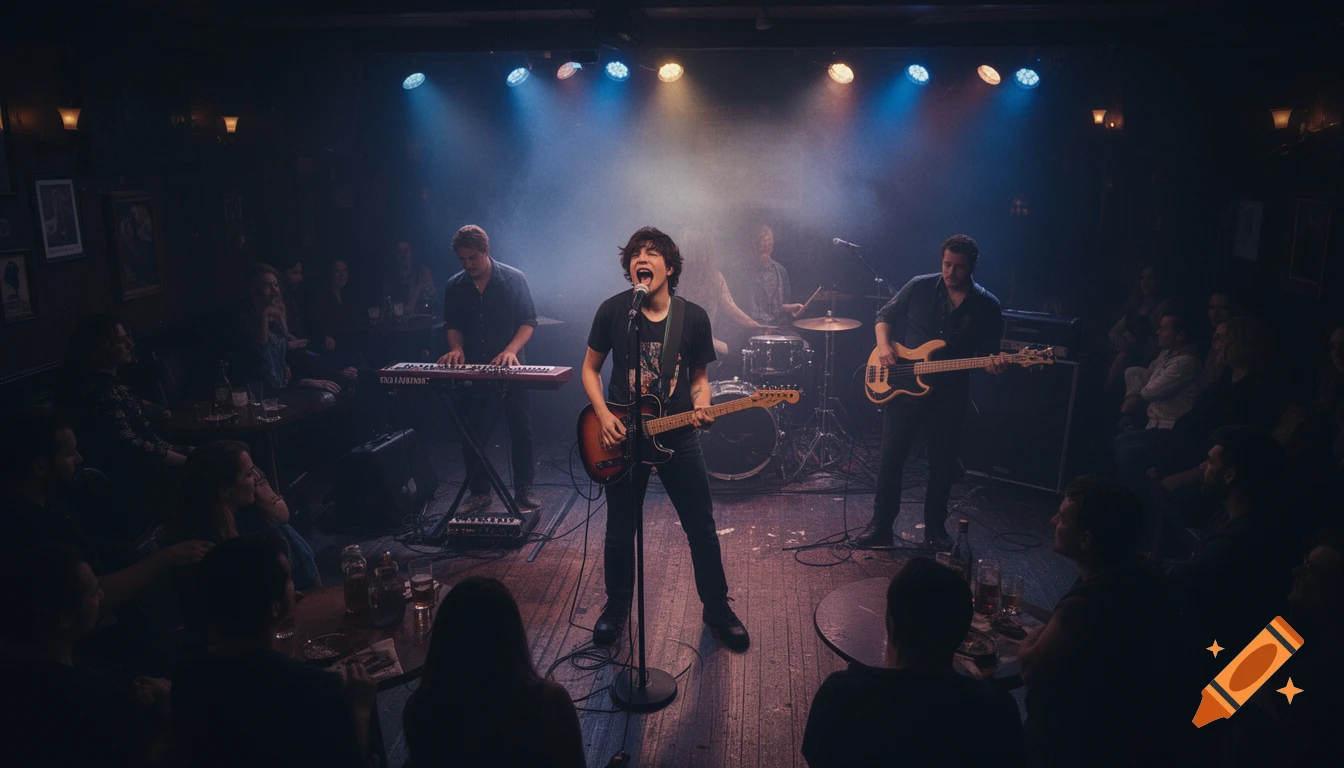 A blues-rock band performs energetically on a dark, smoky stage lit by spotlights, in front of a seated audience in a bar.