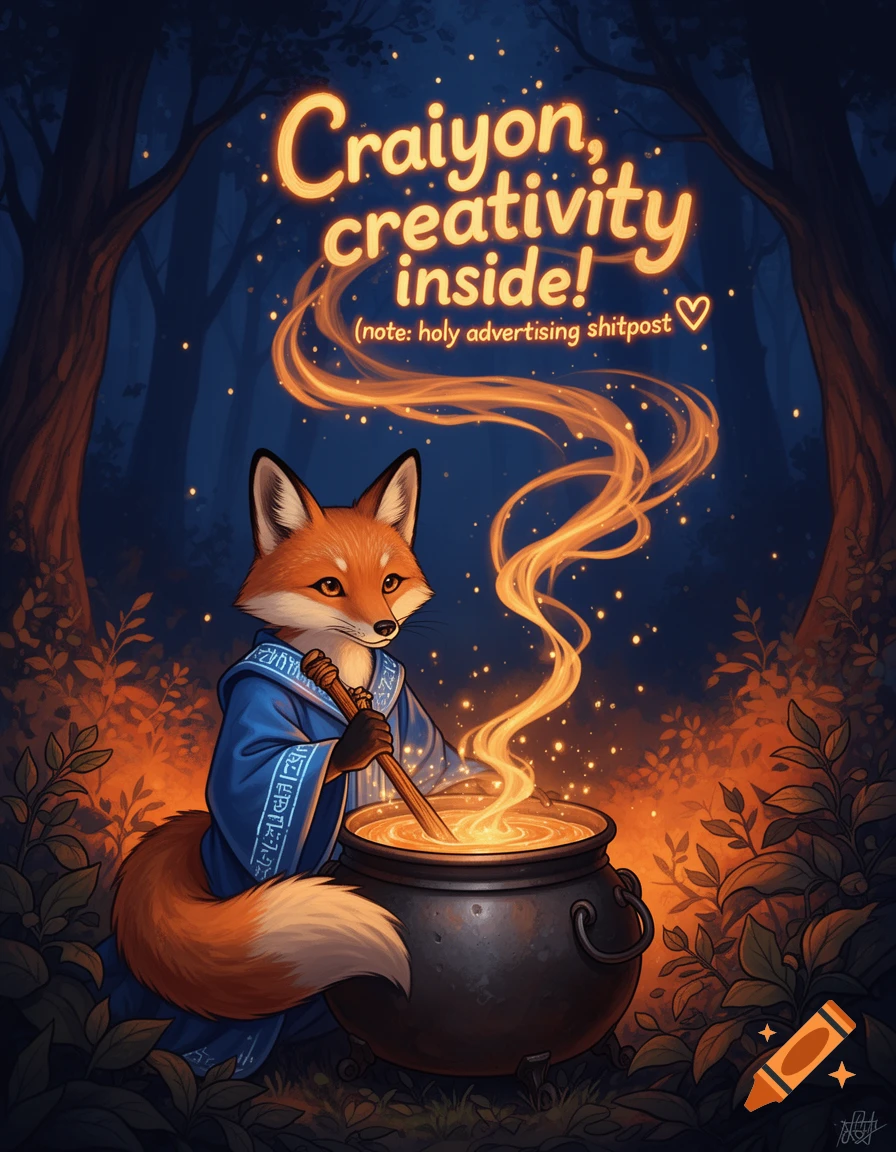 A cute fox wizard stirs a glowing potion in a cauldron in a dark, magical forest. Orange smoke from the cauldron forms the text "Craiyon, creativity inside!"