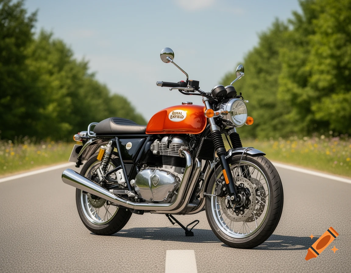 A vibrant orange and black Royal Enfield Interceptor motorcycle parked on a rural road on a sunny day.