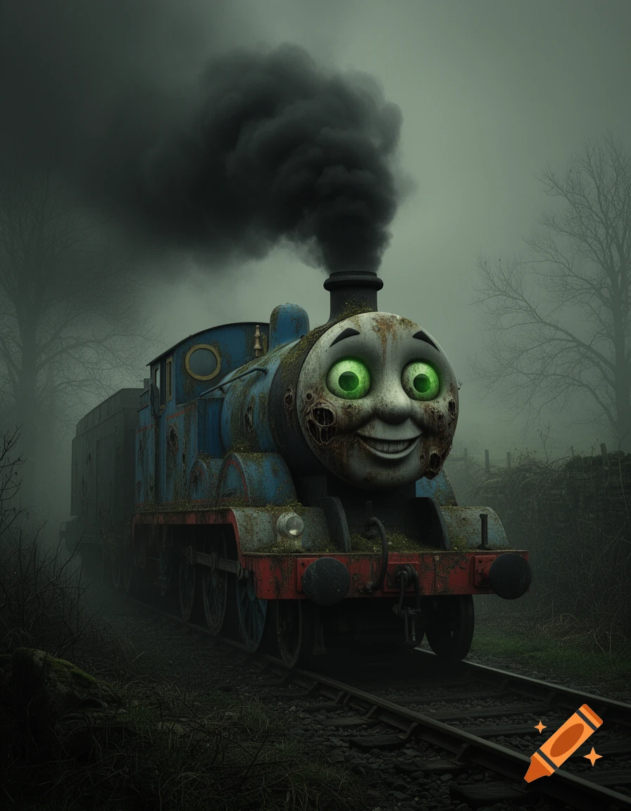 A decayed, rusty Thomas the Tank Engine with glowing green eyes and a creepy smile sits on a track in a dark, foggy, desolate landscape.