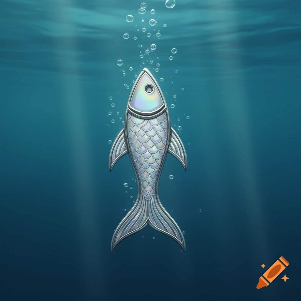 Stylized silver fish with iridescent scales swimming upwards in deep blue water with sunbeams and bubbles.