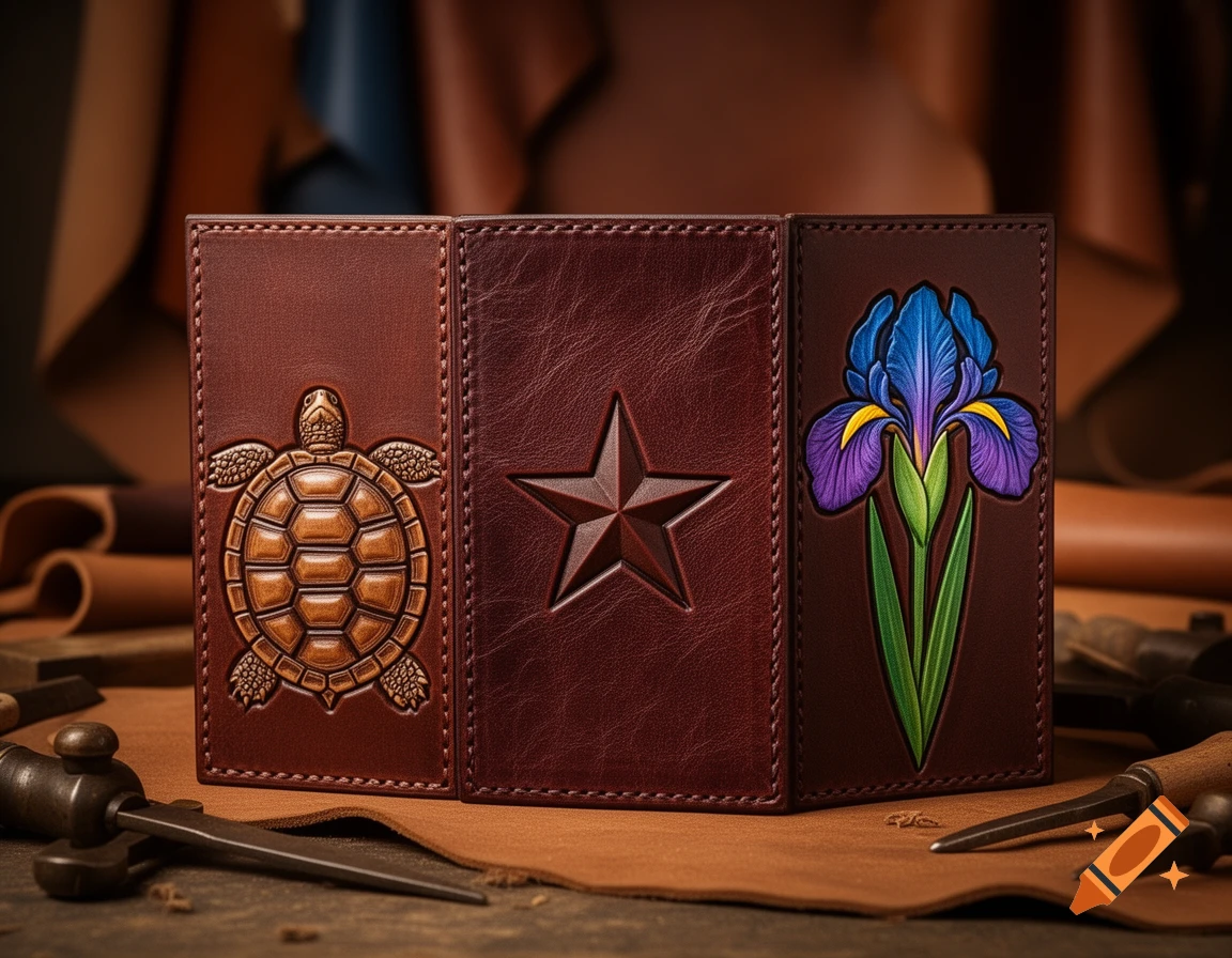Three brown leather panels, embossed with a turtle, a star, and a blue and purple iris, displayed on a work surface.