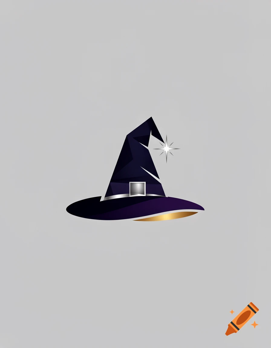 A dark purple witch hat with a silver buckle, a gold brim underside, and a shimmering star at the top, on a light gray background.