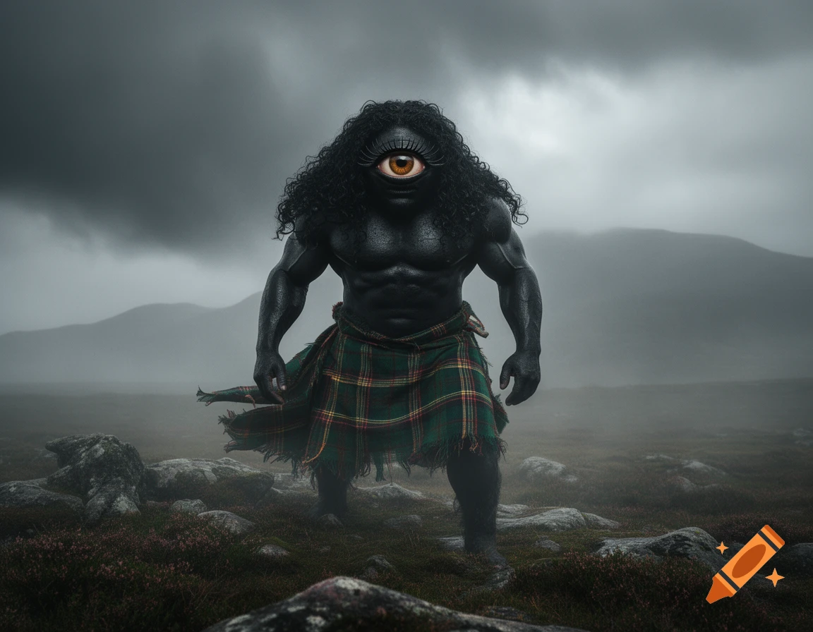 A muscular, black-skinned cyclops with curly hair and a single eye stands in a misty, rocky Scottish landscape, wearing a green plaid kilt.