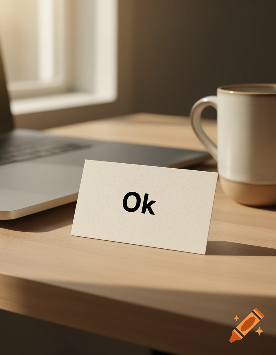 A close-up of a minimalist desk with a note card saying 'Ok', next to a laptop and a coffee mug in warm sunlight.