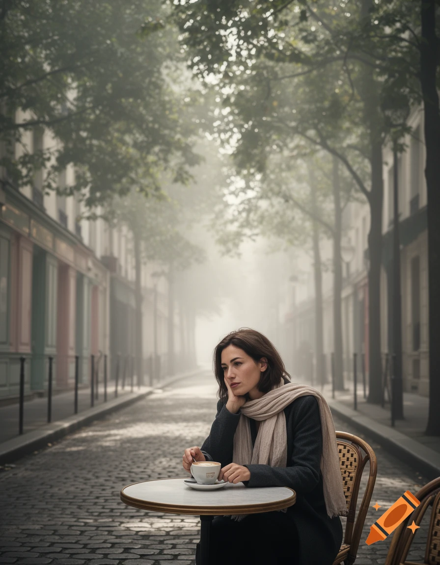A pensive woman sits alone at an outdoor cafe table on a cobblestone street, holding a coffee cup, with a foggy city street and trees in the background.