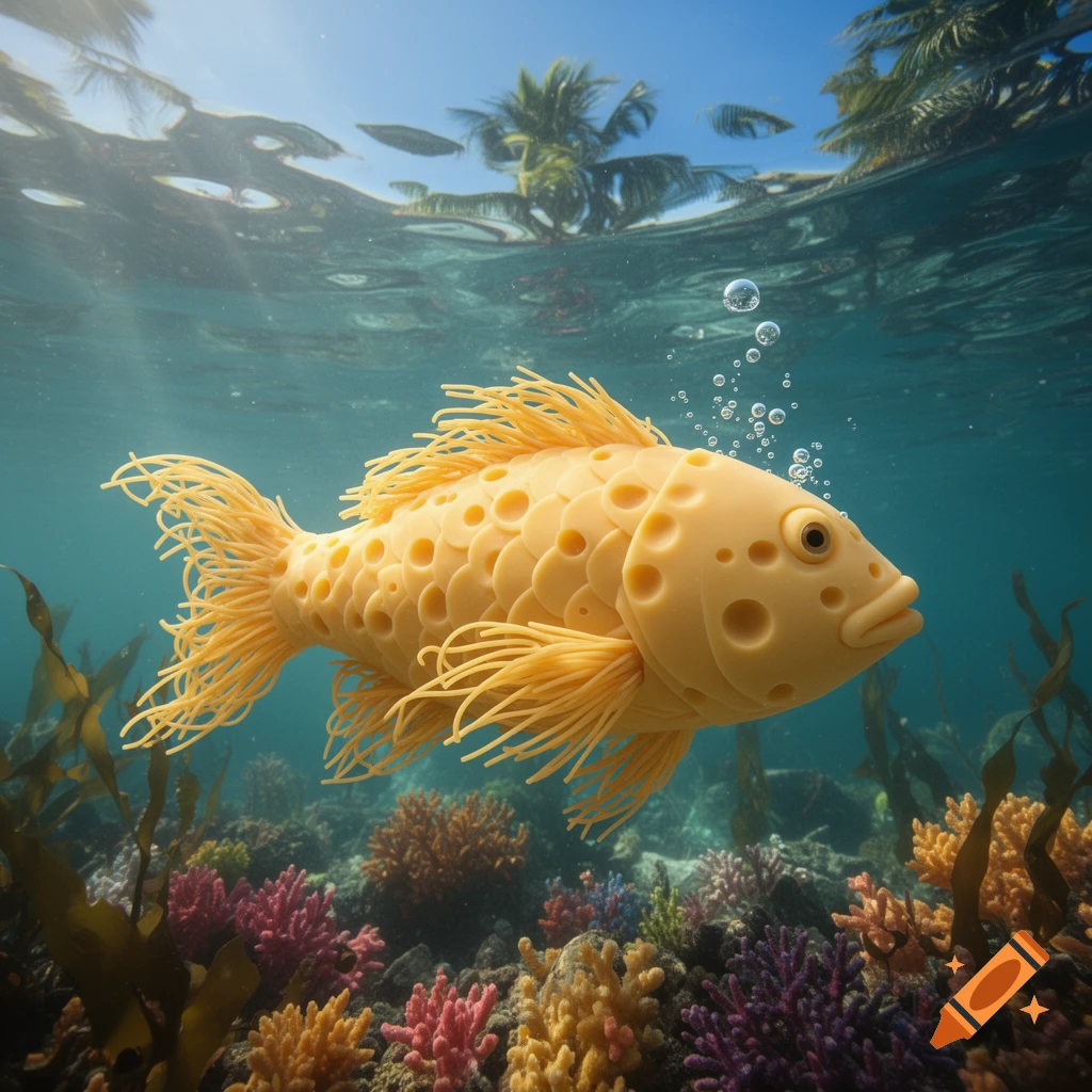 A yellow fish with a Swiss cheese body and spaghetti fins swims in a colorful coral reef. Sunlit blue water reflects palm trees above.