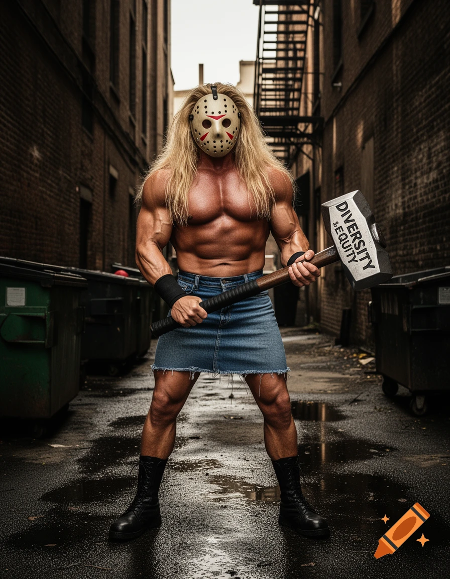A muscular person with long blonde hair and a hockey mask, wearing a denim skirt, holds a sledgehammer etched with 'DIVERSITY & EQUITY' in a dark alley.