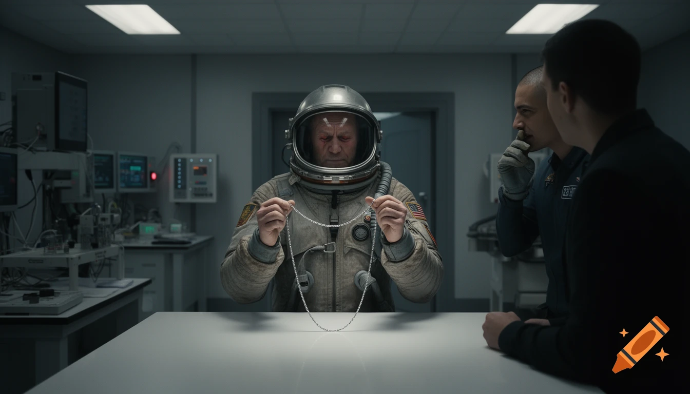 An astronaut in an old pressure suit sits at a table, looking down at a silver chain held between his hands, while two other men stand near him in a dimly lit lab.
