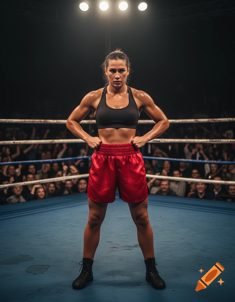 A determined female boxer in a black sports bra and red shorts stands in a boxing ring, under bright lights, with a blurred crowd in the background. Photorealistic style.