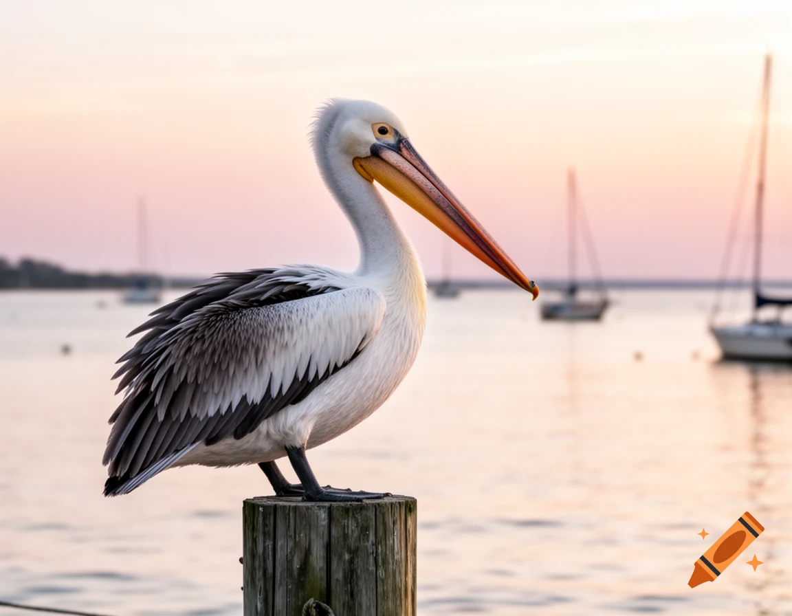 A white and grey pelican perches on a wooden post against a soft pink and orange sunset sky over water with blurred sailboats.