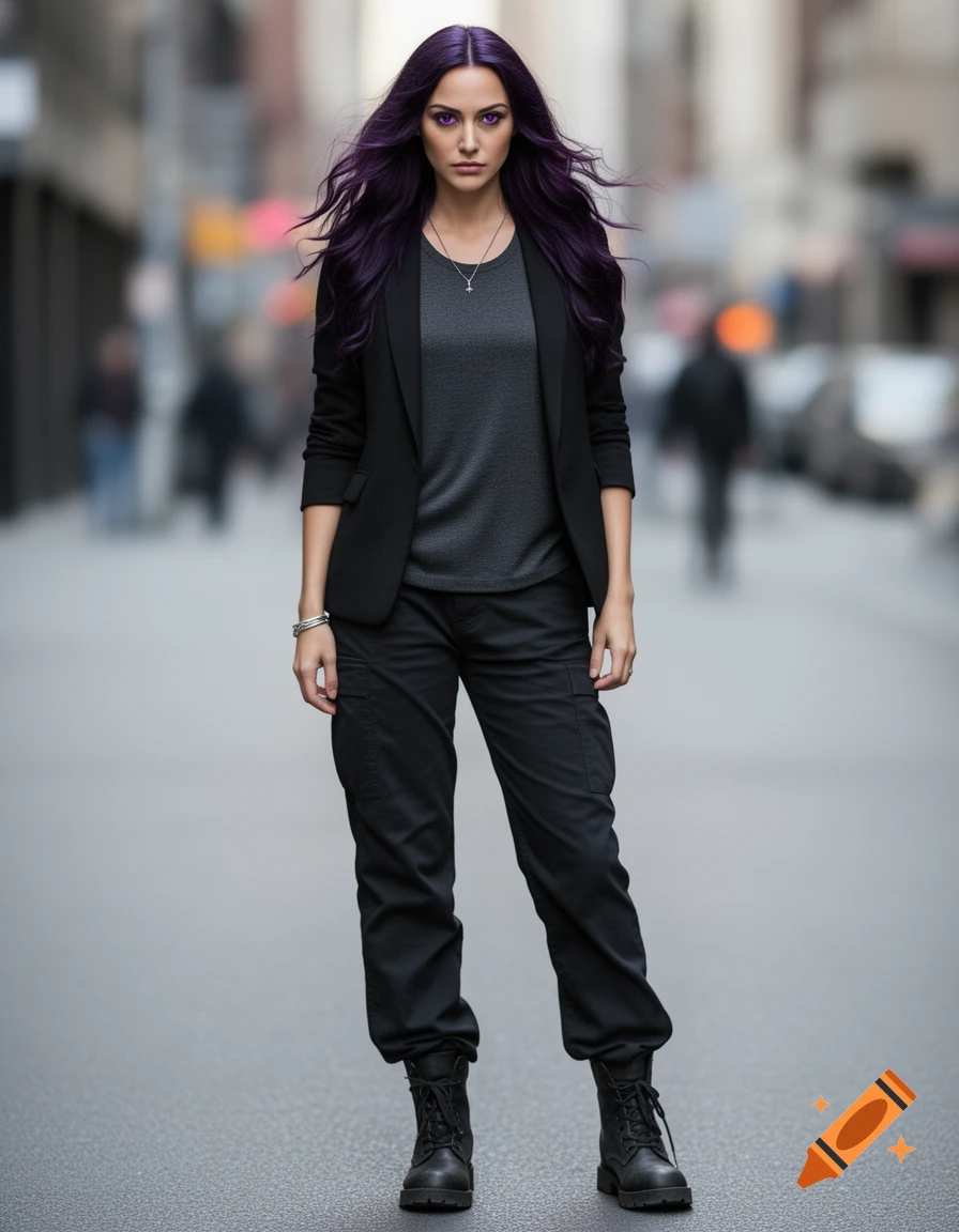 Photorealistic image of a woman with long dark purple hair and violet eyes, wearing a black blazer, cargo pants, and combat boots on a city street.