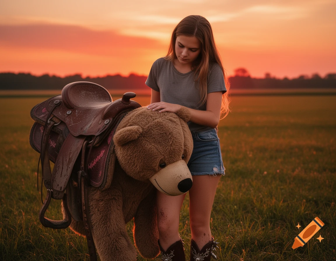 Photorealistic image of a young woman gently petting a large teddy bear with a saddle on its back in a grassy field at sunset.