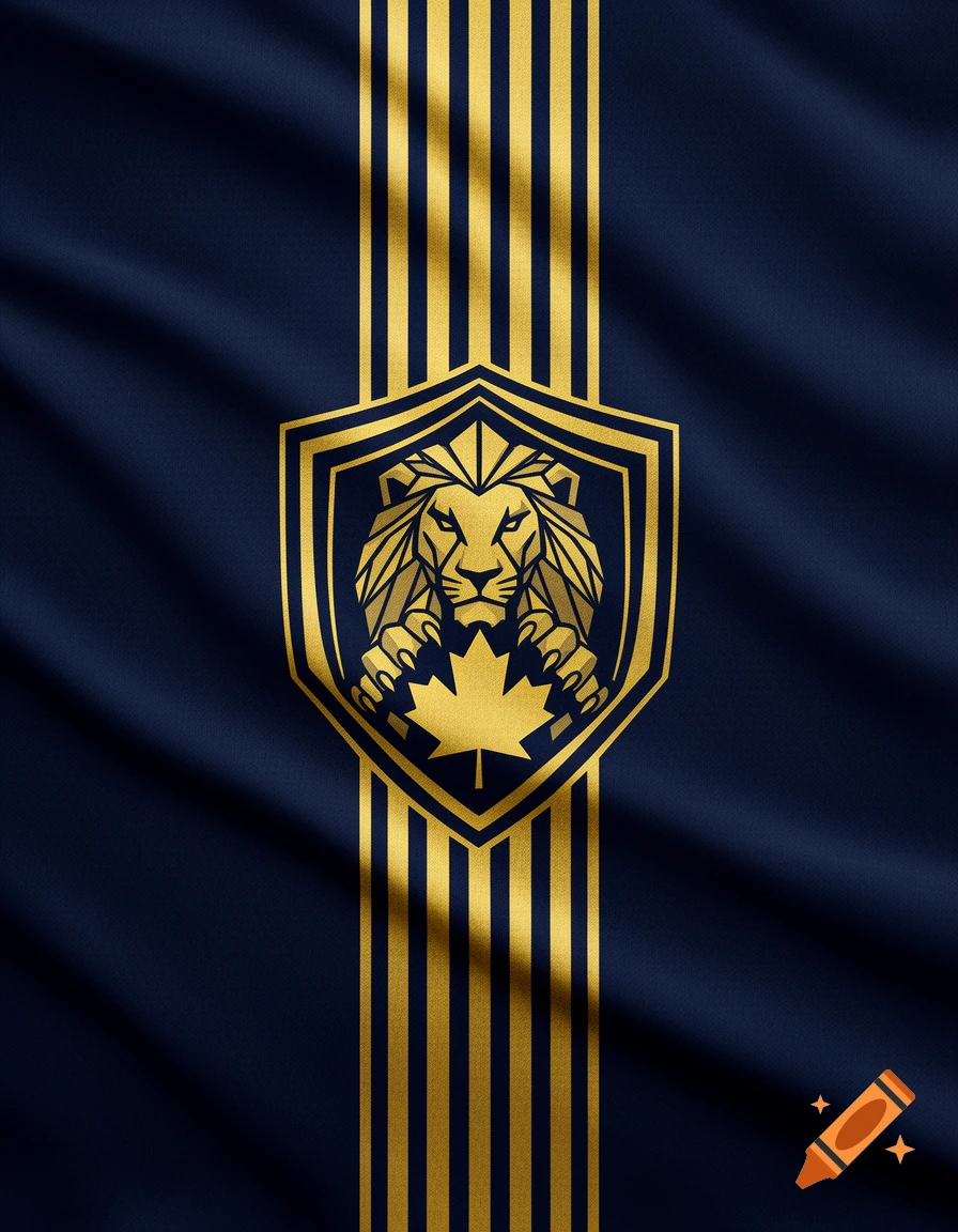 Dark blue flag with a central golden stripe and a golden shield emblem featuring a stylized lion head holding a maple leaf, photorealistic.
