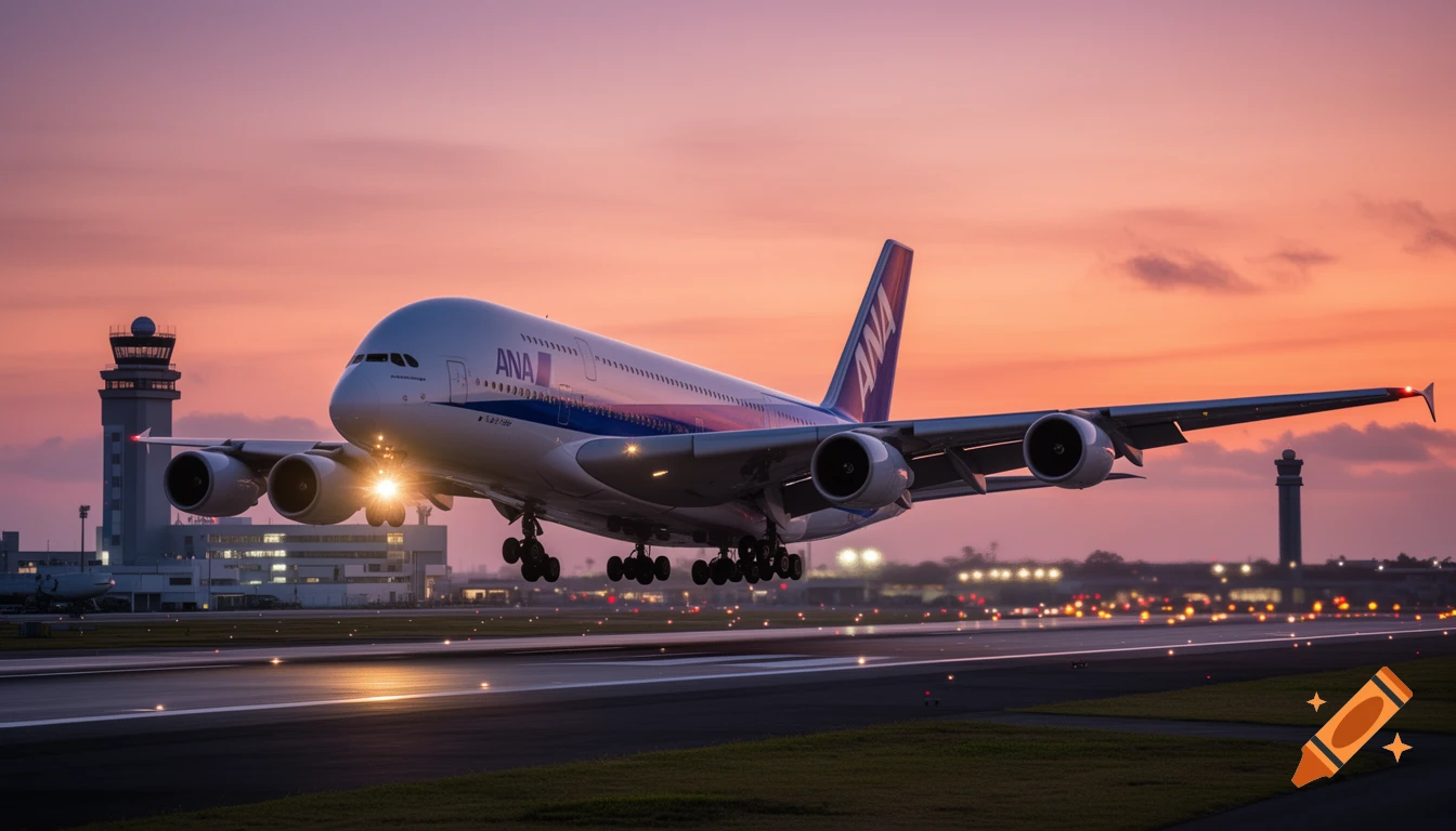 A large ANA Airbus A380 airplane takes off from an airport runway, with landing gear down, against a vibrant pink and orange sunset sky. Buildings and a control tower are visible in the background.