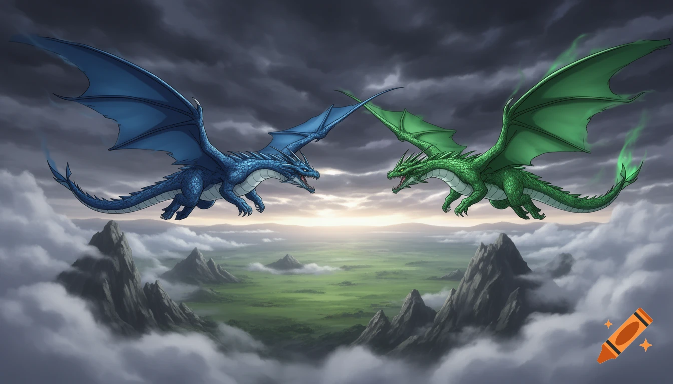 A blue dragon and a green dragon fly above a cloud-covered valley and mountains under a dramatic, cloudy sky.