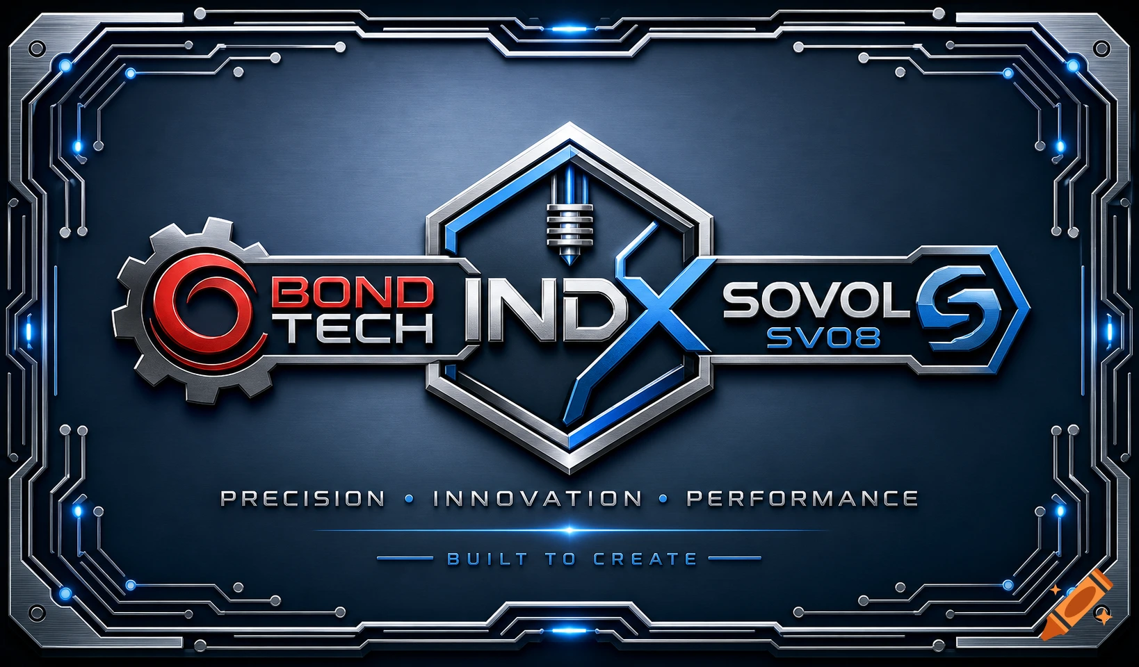 Sleek metallic logo with 'BOND TECH', 'INDX', 'SOVOL G', 'SV08' on a dark blue brushed background with glowing circuit board frame and slogans 'PRECISION INNOVATION PERFORMANCE' and 'BUILT TO CREATE'.