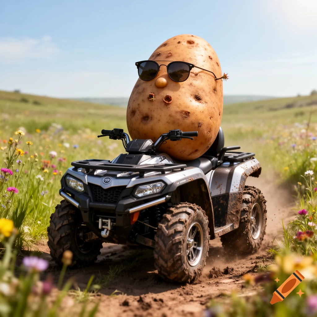 A photorealistic potato wearing sunglasses drives a muddy 4-wheeler through a sunny wildflower field.