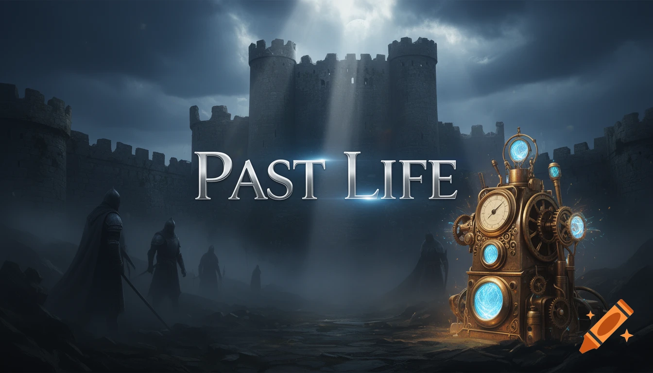 Digital art of 'PAST LIFE' text over a dark castle, knights, and a glowing steampunk machine in a misty fantasy landscape.