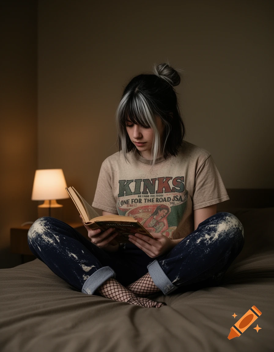 Young woman with streaked hair sits cross-legged on a bed, reading a book, wearing a Kinks t-shirt and bleach-stained jeans.