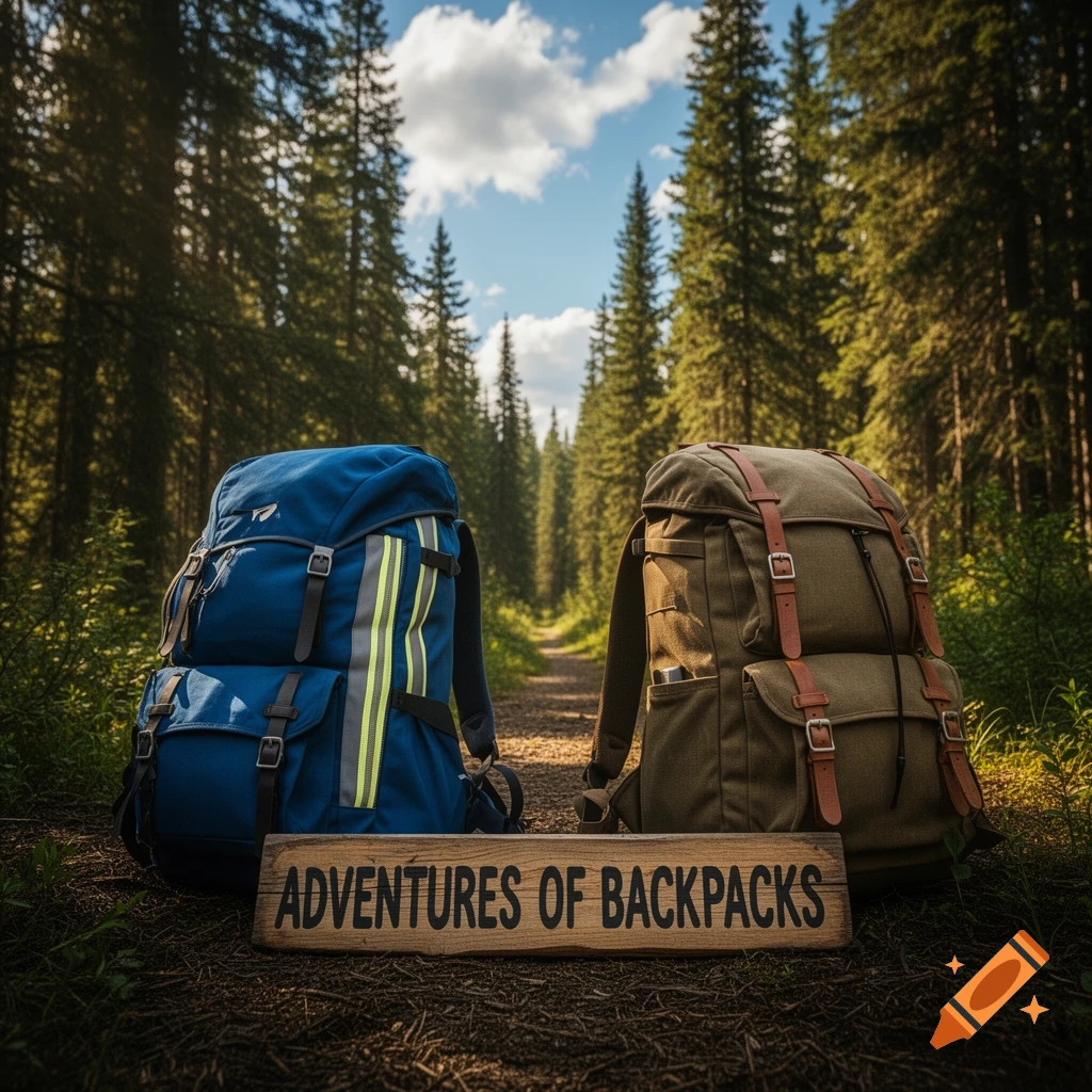A blue and an olive green backpack sit on a forest path with a sign reading 'ADVENTURES OF BACKPACKS' in a sunny pine forest.