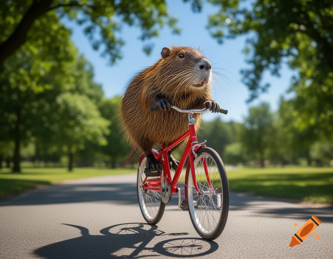 A photorealistic nutria rides a red bicycle down a paved path in a sunny park.