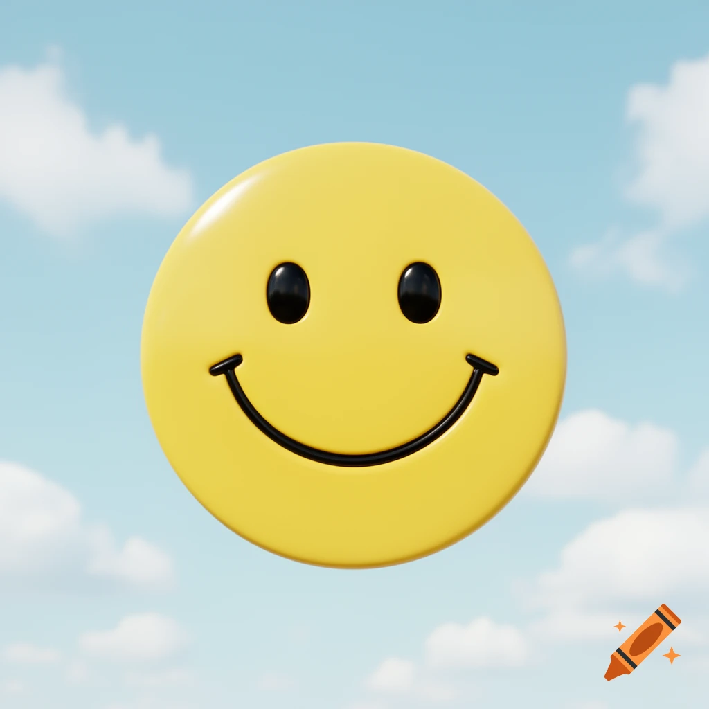 A bright yellow 3D smiley face emoji floats against a clear blue sky with soft white clouds.