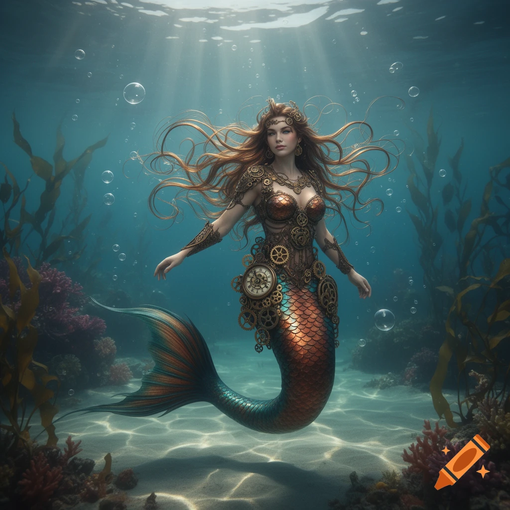 A steampunk mermaid with flowing red hair and a gear-adorned costume swims gracefully in a sunlit underwater scene.