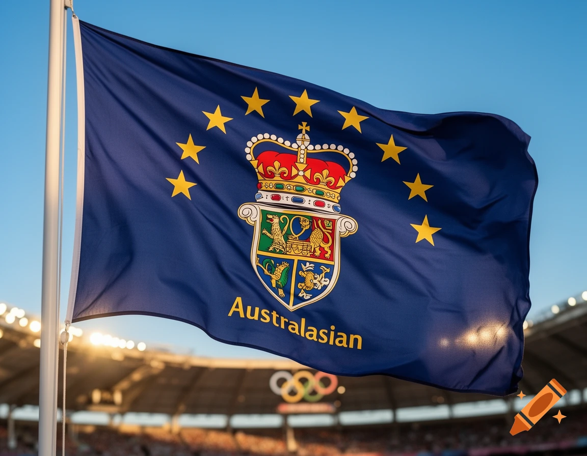 A dark blue flag featuring a central crown and crest, surrounded by 10 yellow stars. The word "Australasian" is written below the crest. Stadium lights and Olympic rings are blurred in the background.