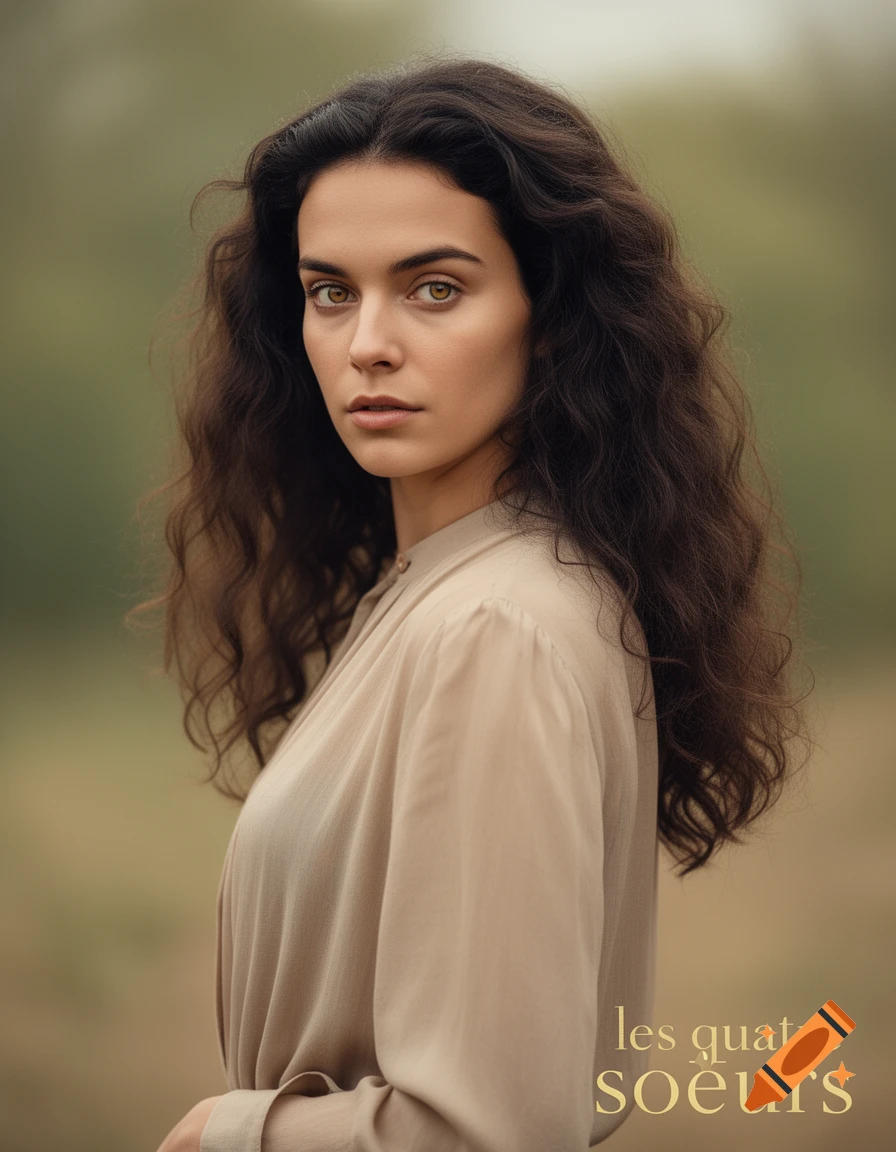A photorealistic portrait of a woman with dark wavy hair and green eyes, wearing a beige blouse, with blurred green background and text 'les quatre soeurs'.