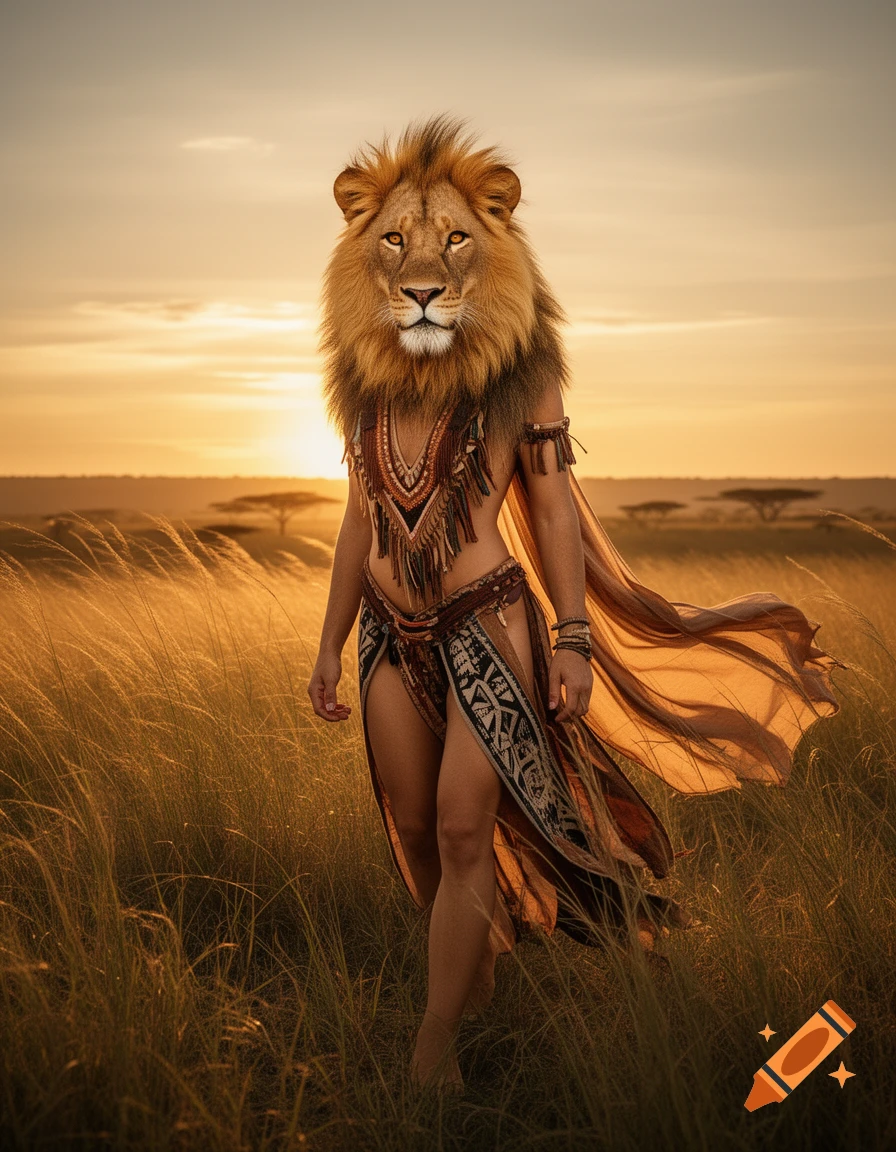 Photorealistic image of an anthropomorphic lioness in tribal attire walking through a golden savanna at sunset.