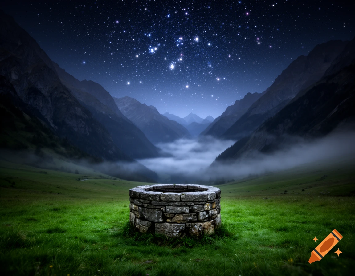 A stone well in a misty green valley surrounded by dark mountains under a vast, star-filled night sky.