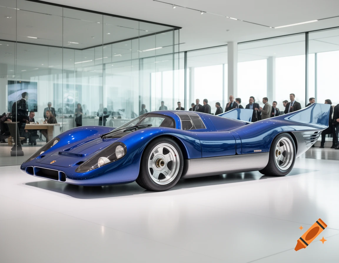 A sleek blue and silver classic Porsche 917 style race car is on display in a modern, brightly lit showroom with people in the background.