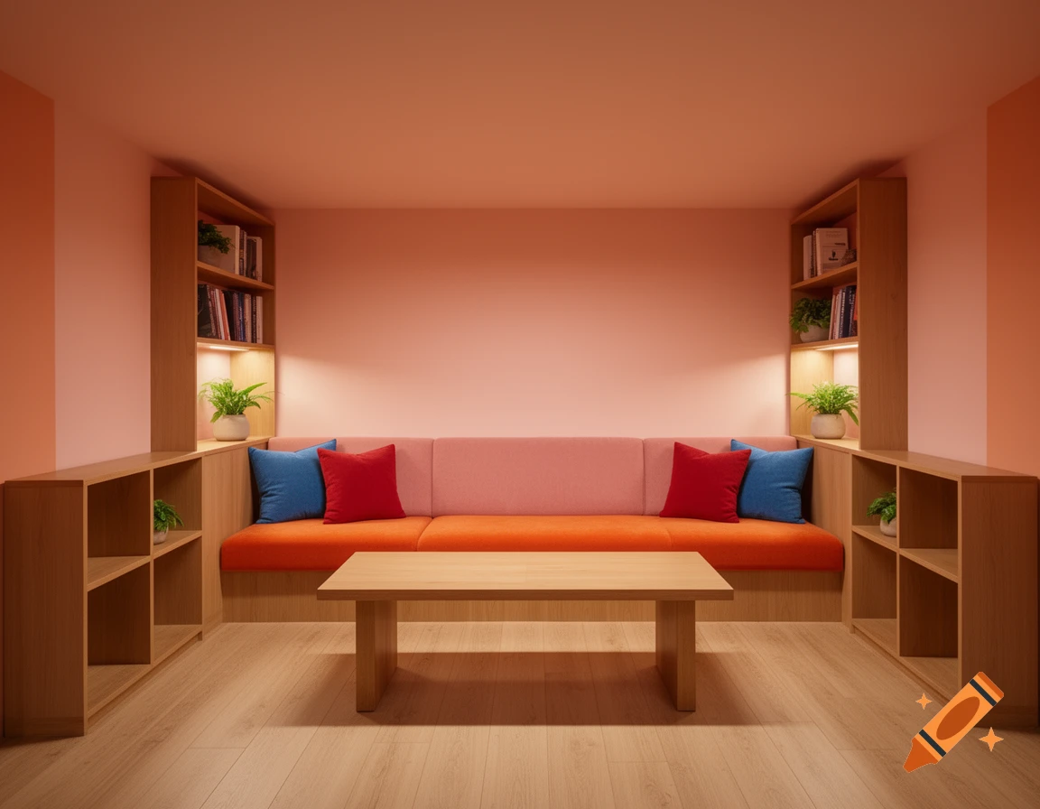 A modern living room featuring a pink wall, an orange sofa with blue and red pillows, light wood shelves, and a coffee table.