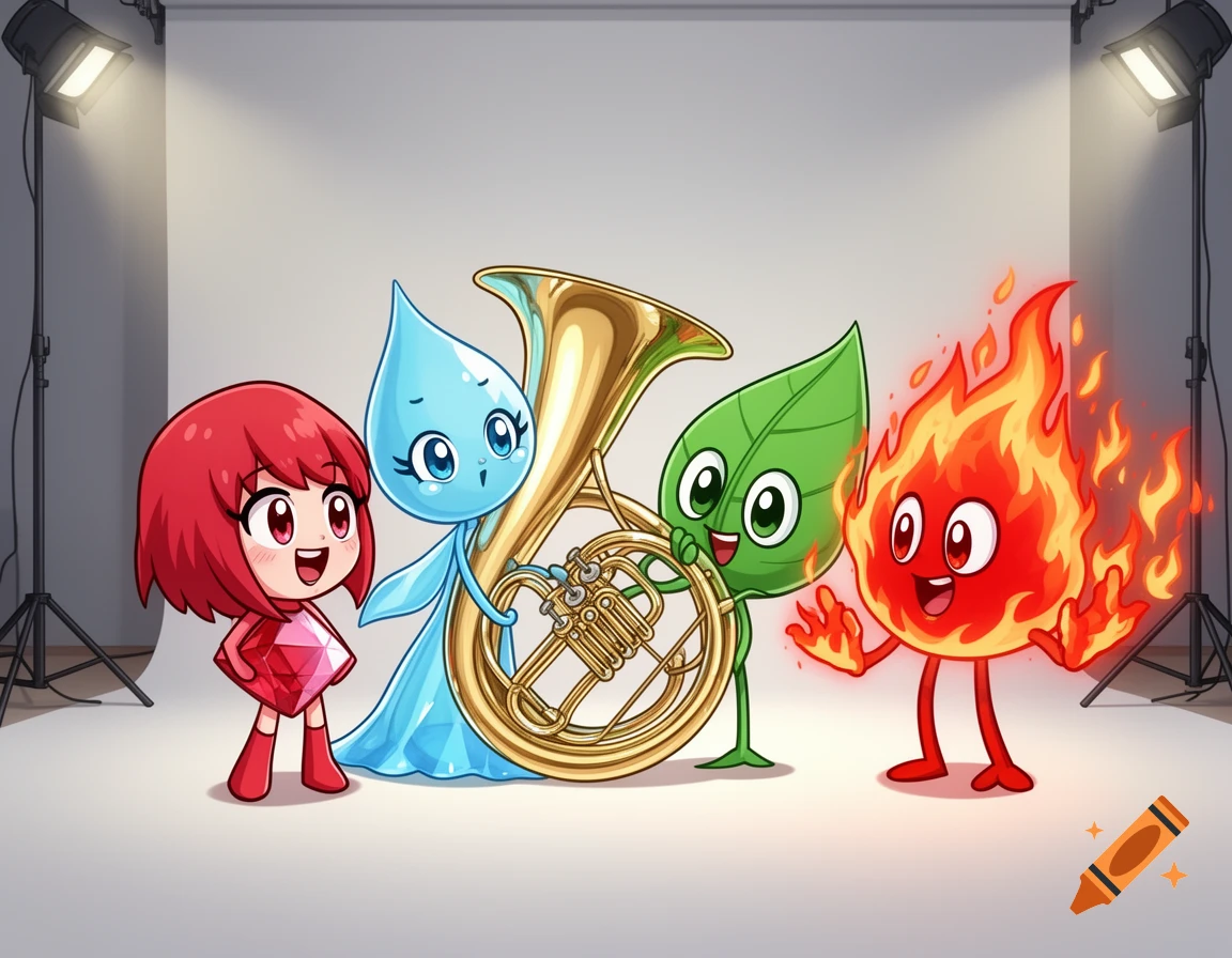 A cartoon red gem character, blue water drop, green leaf, and red fire character pose in a photo studio with a large golden sousaphone.