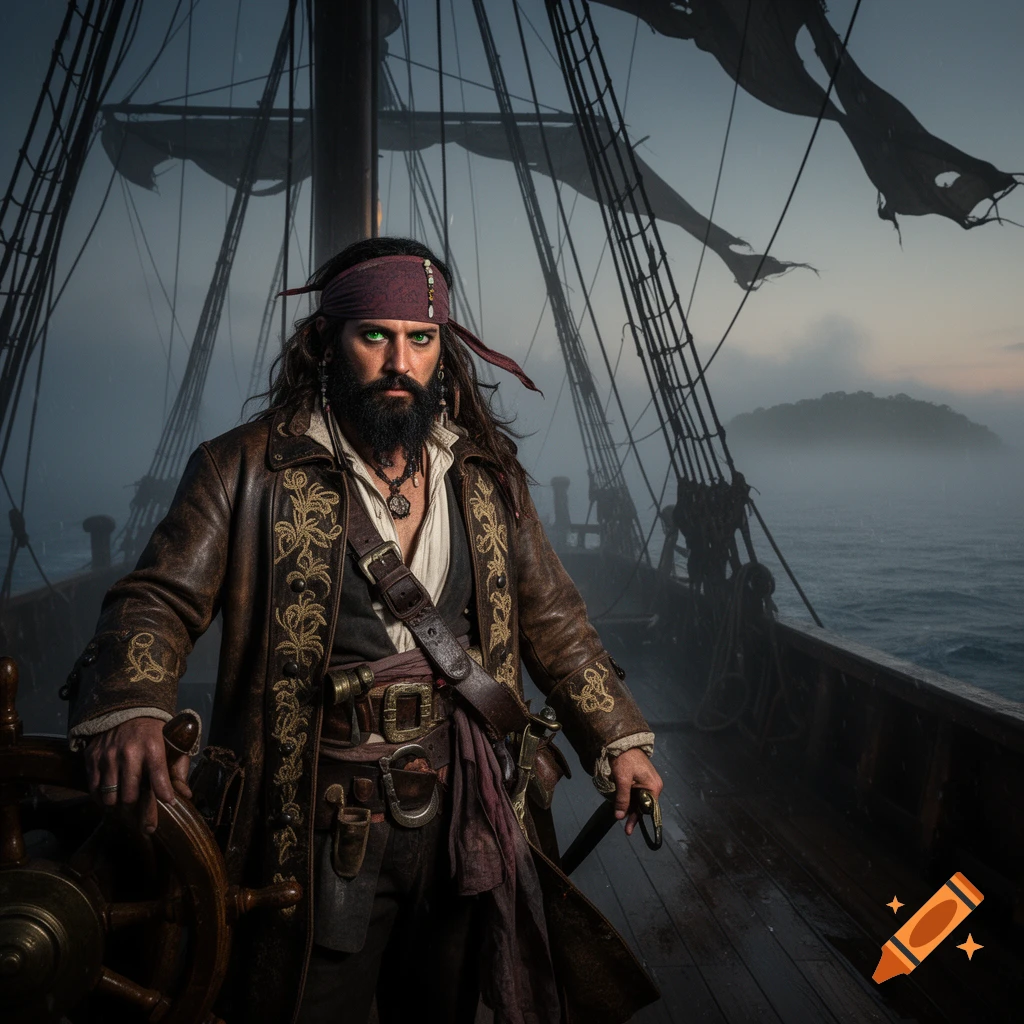 A photorealistic pirate with a beard, bandana, and intense green eyes stands on a ship's deck, a foggy sea and island in the background.