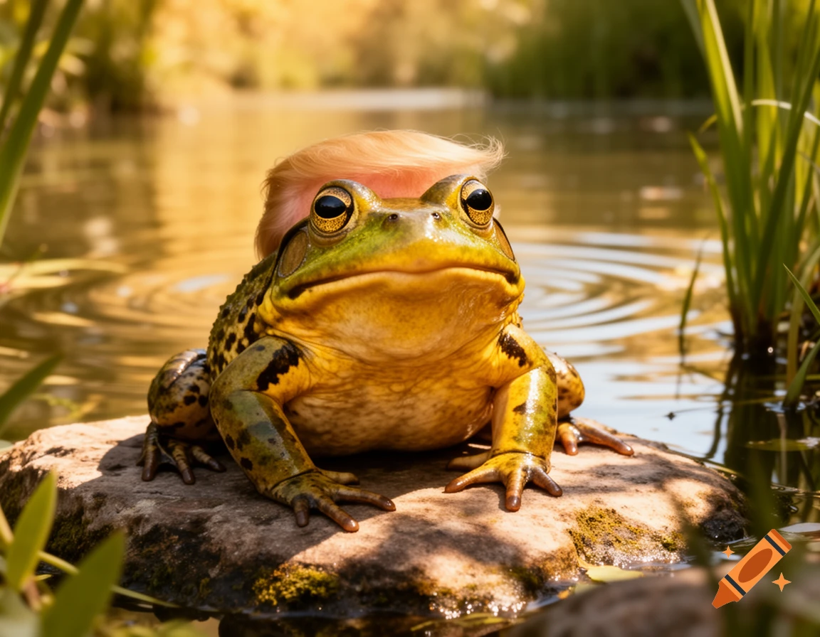 A photorealistic bullfrog with blonde hair sits on a mossy rock in a sunlit pond with green reeds.