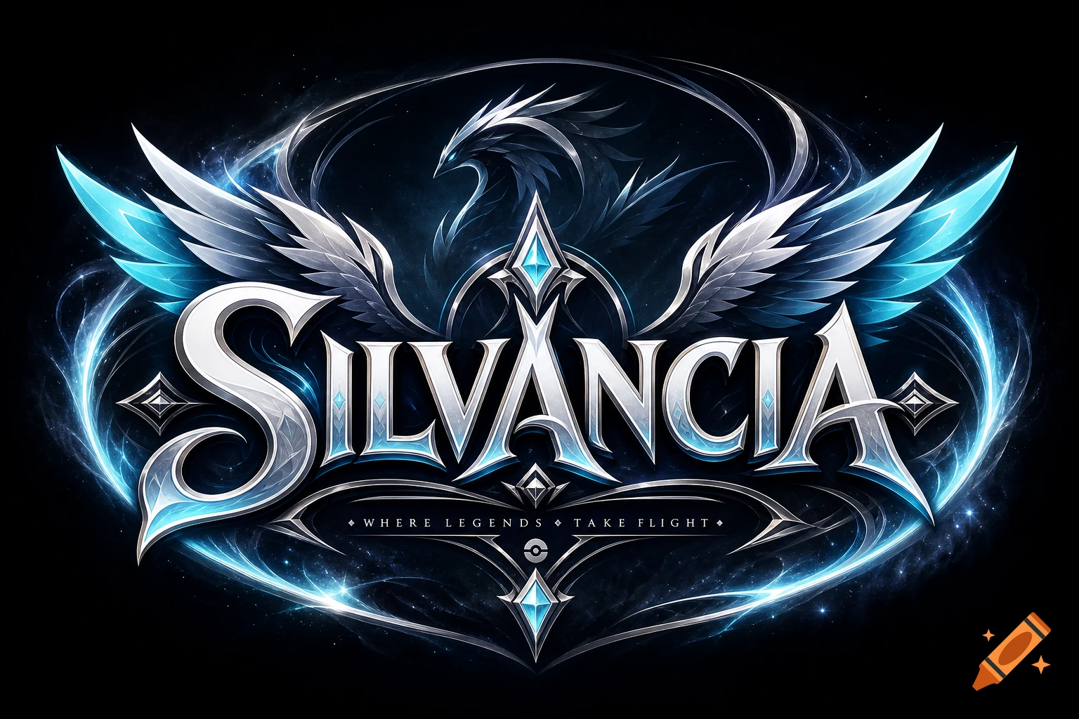 Metallic fantasy logo for 'SILVANCIA' featuring a silver bird with blue wings and glowing accents, plus 'WHERE LEGENDS TAKE FLIGHT' text.