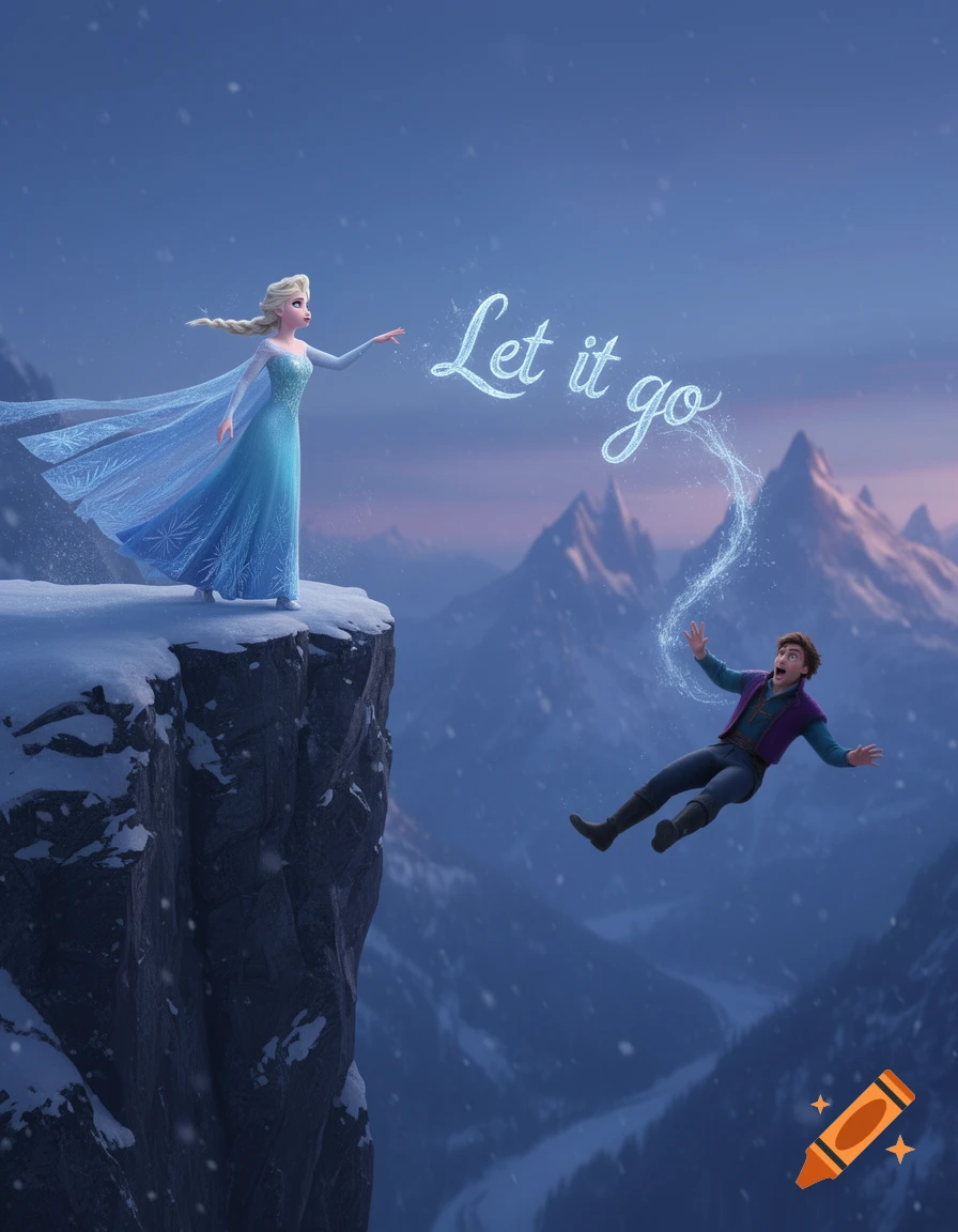 Elsa on a snowy cliff, writing 'Let it go' with ice magic as Hans falls into a snowy valley. Animated style.