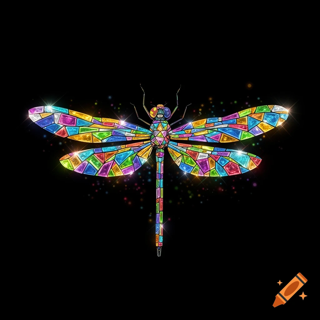 A colorful dragonfly rendered in a stained glass mosaic style, sparkling against a black background.