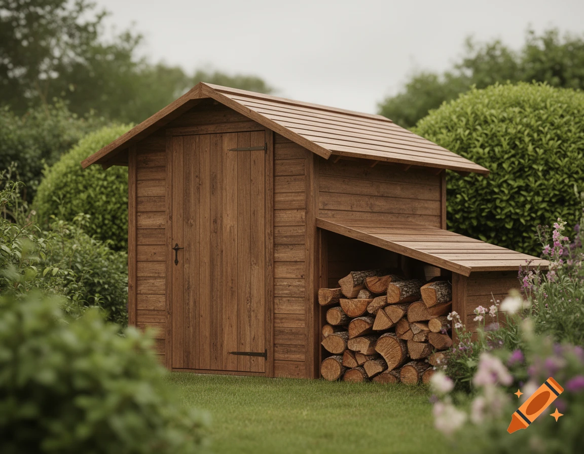 Wooden garden shed with a lean-to roof and firewood stack in a green garden with flowers.