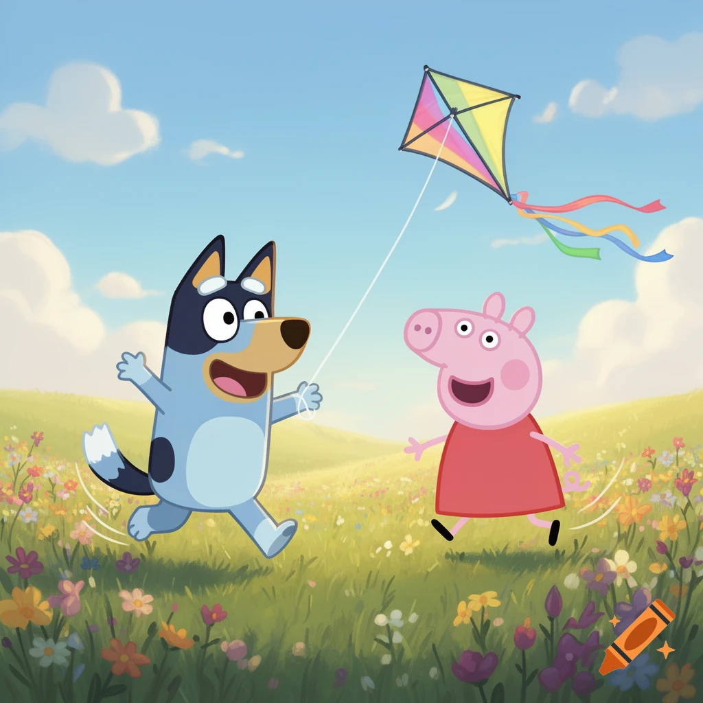 Bluey and Peppa Pig happily run through a sunny, flower-filled field, flying a colorful kite.