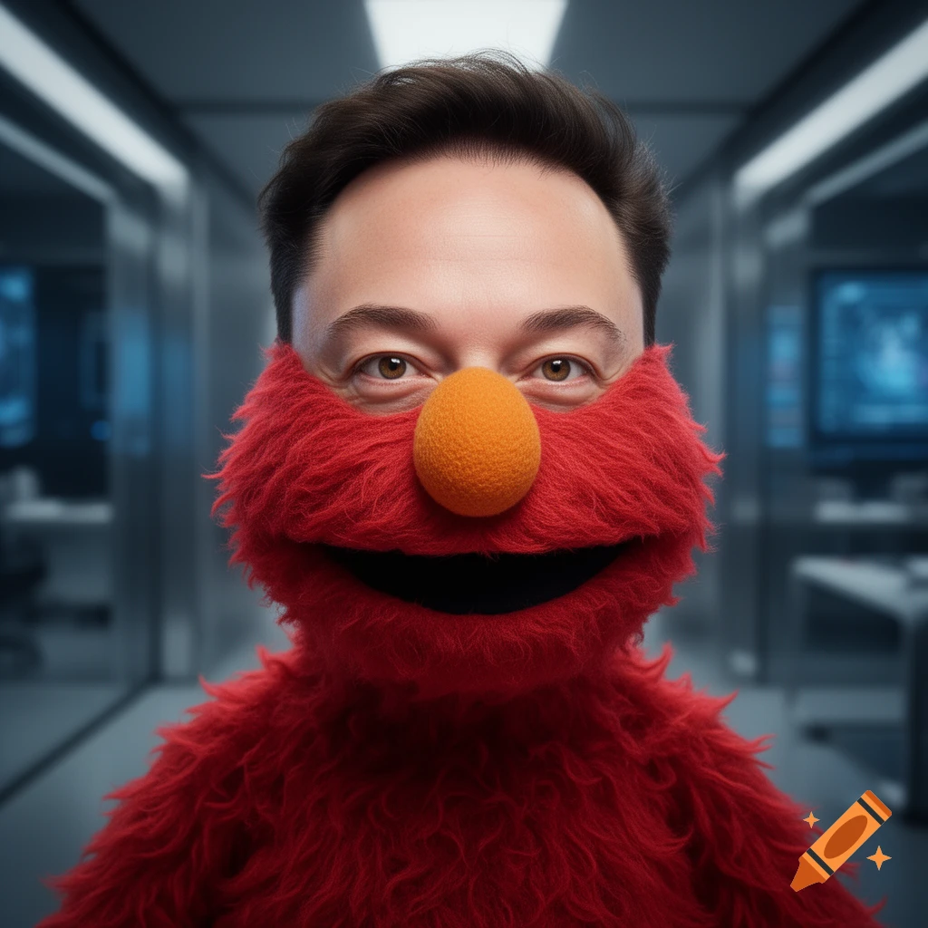 Elon Musk's face emerges from a furry red Elmo costume, looking directly at the viewer in a modern office setting.
