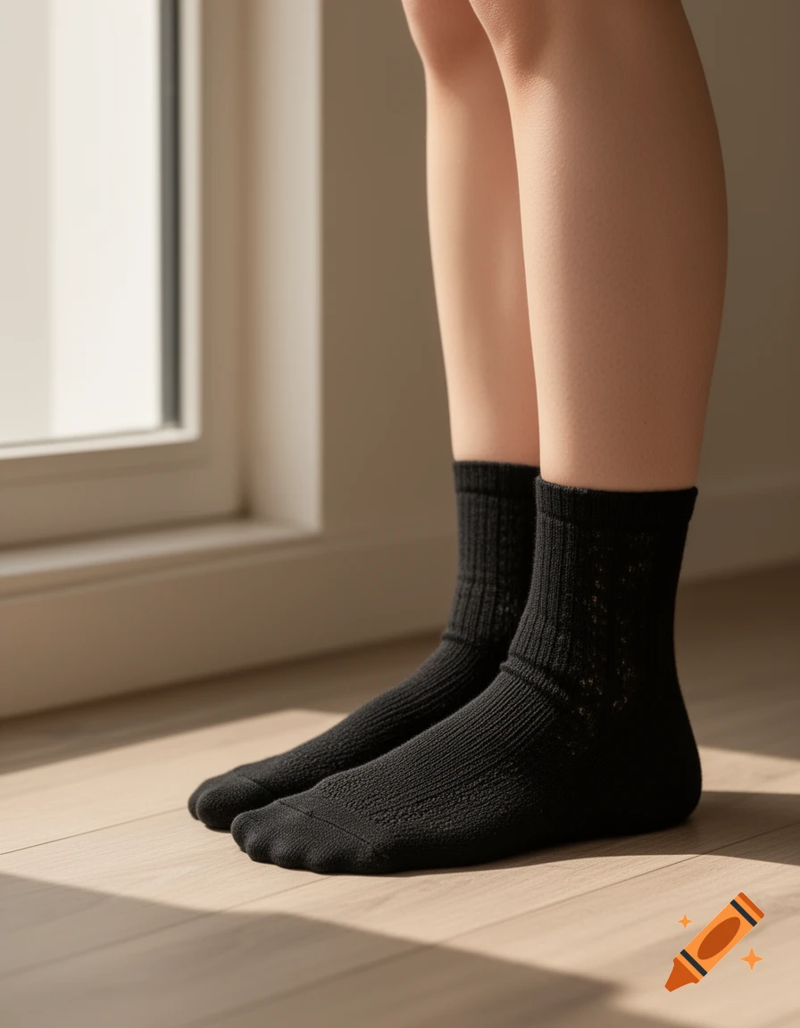 Person's legs and feet in black socks standing on a wooden floor bathed in sunlight near a window.