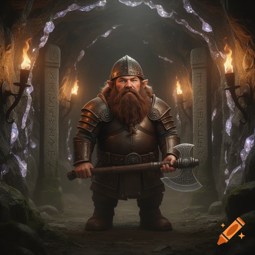 A fierce fantasy dwarf with a long beard and ornate armor holds a double-bladed axe in a torch-lit cave with glowing crystals.